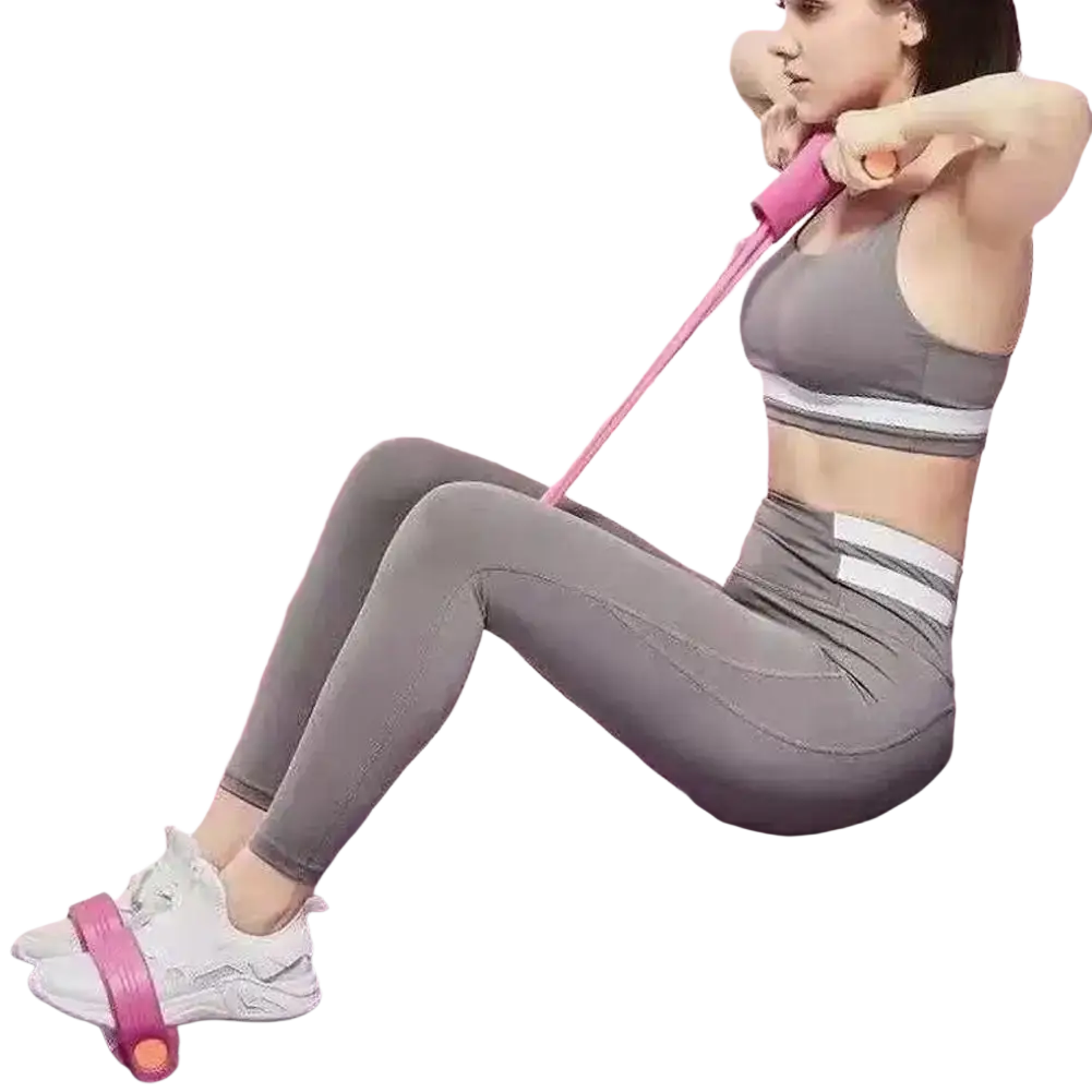 Pink six tube resistance band with adjustable foot strap and handle for core workouts and sit up expansion
