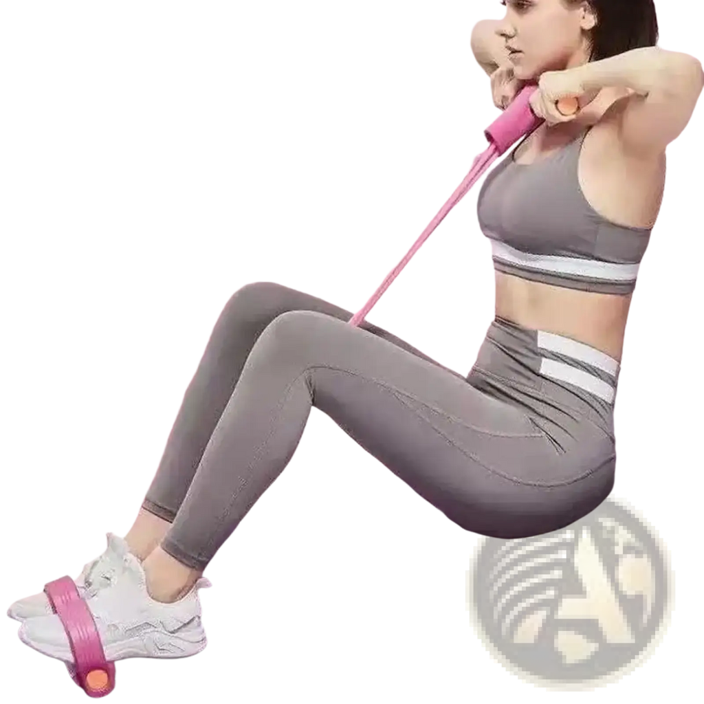 Pink six tube resistance band with adjustable foot strap and handle for core workouts and sit up expansion