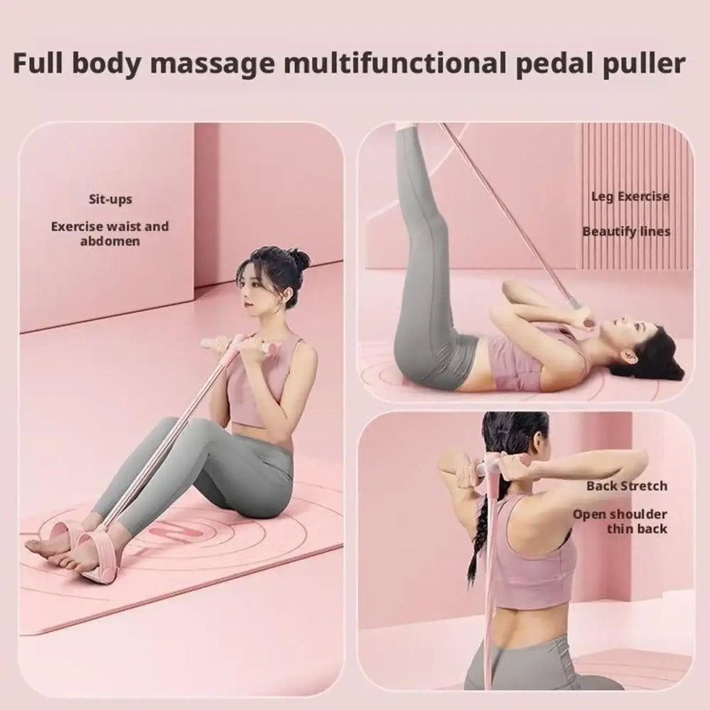 Pink elastic resistance band with adjustable foot straps for full body workouts in 6 tube sit up expander