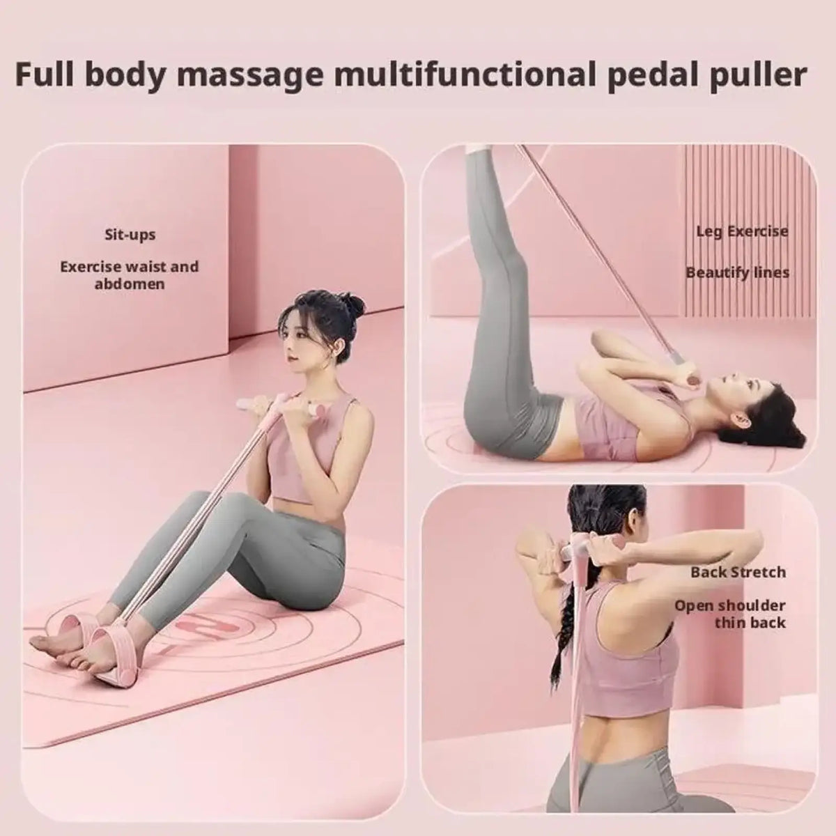 Pink elastic resistance band with adjustable foot straps for full body workouts in 6 tube sit up expander