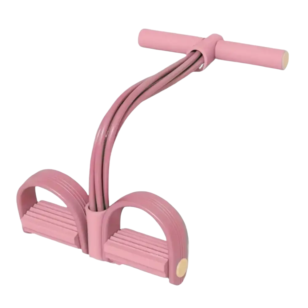 Pink rubber 6 tube resistance band foot pedal sit up expander with dual foot grips and t-shaped handle