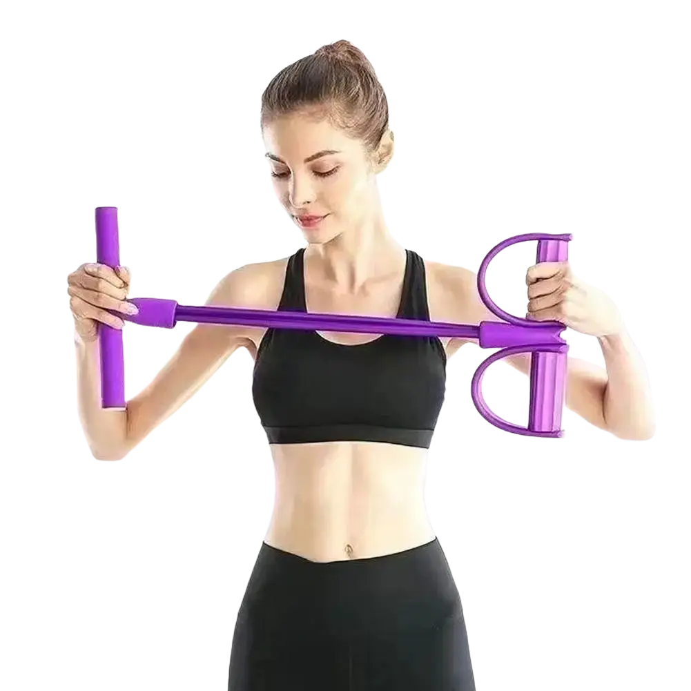 Purple 6 tube resistance band with dual handles and central grip made for abdominal workouts and sit up expansion