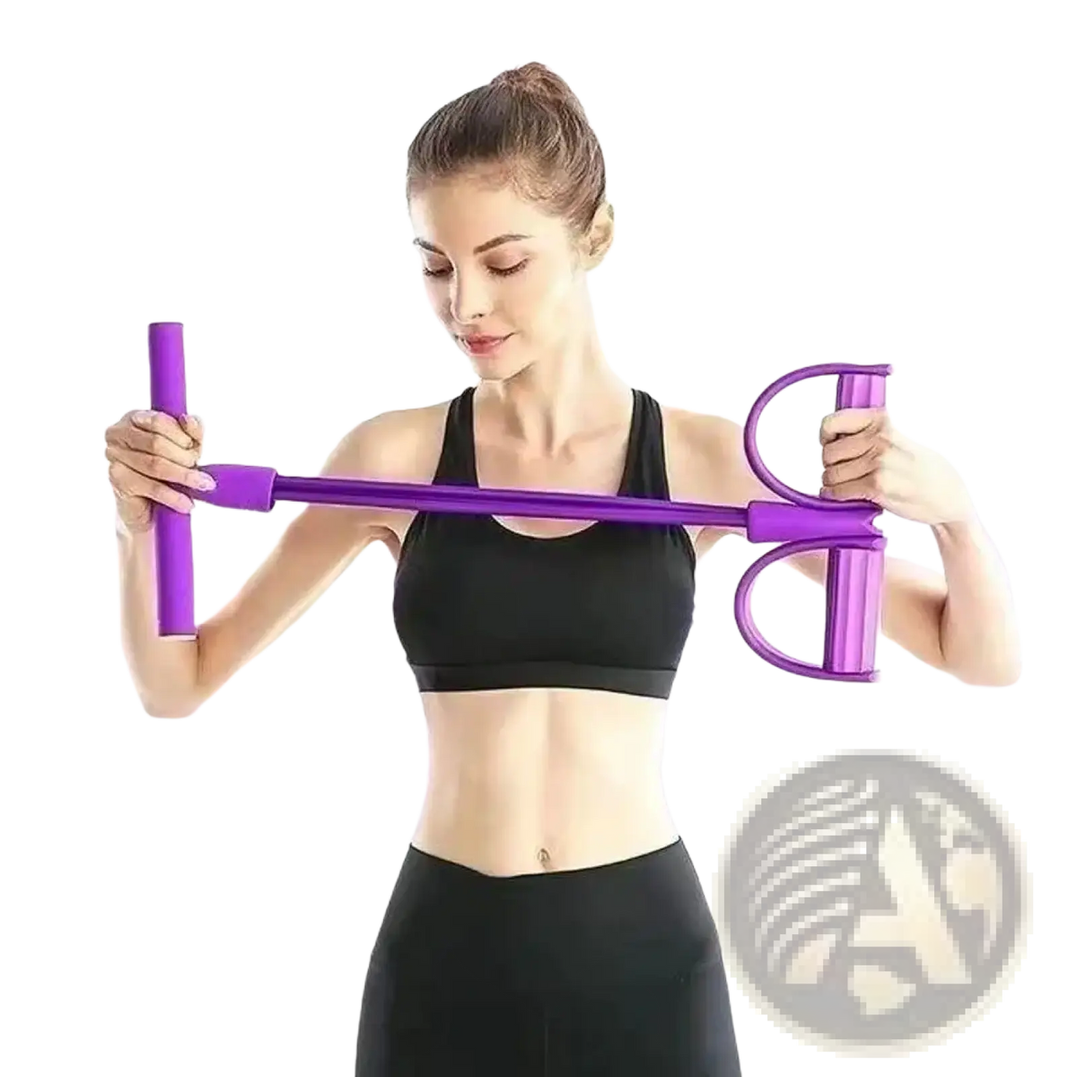 Purple 6 tube resistance band with dual handles and central grip made for abdominal workouts and sit up expansion