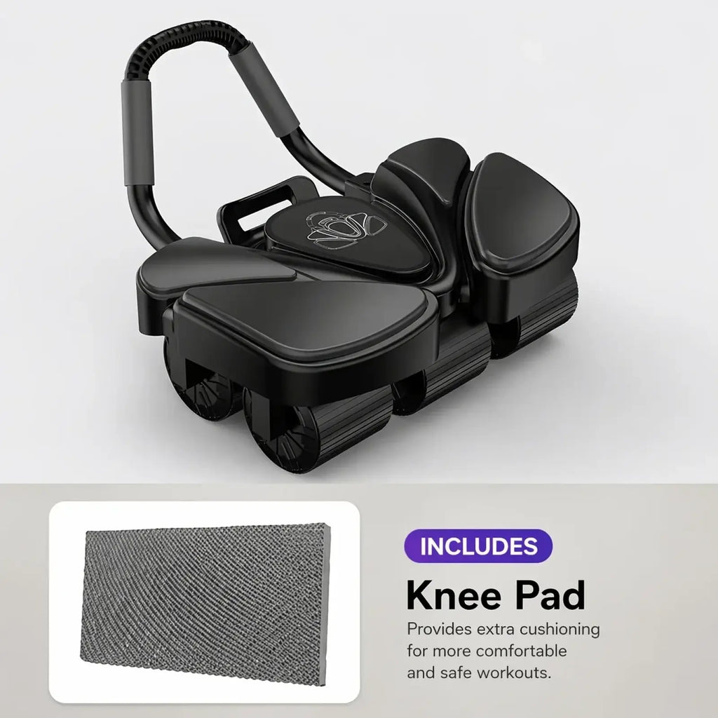 Black plastic and rubber 6 wheel ab roller with elbow support and auto rebound featuring curved handle for leg exercises