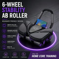 Black 6 wheel ab roller with ergonomic elbow pads and built-in phone holder for enhanced stability and comfort