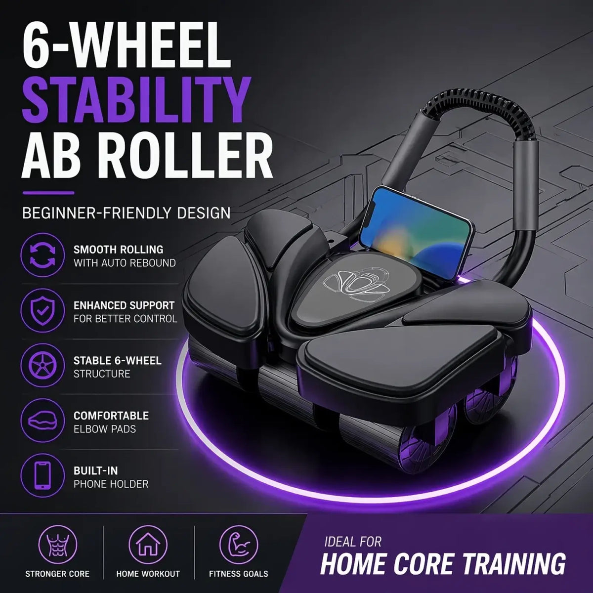 Black 6 wheel ab roller with ergonomic elbow pads and built-in phone holder for enhanced stability and comfort