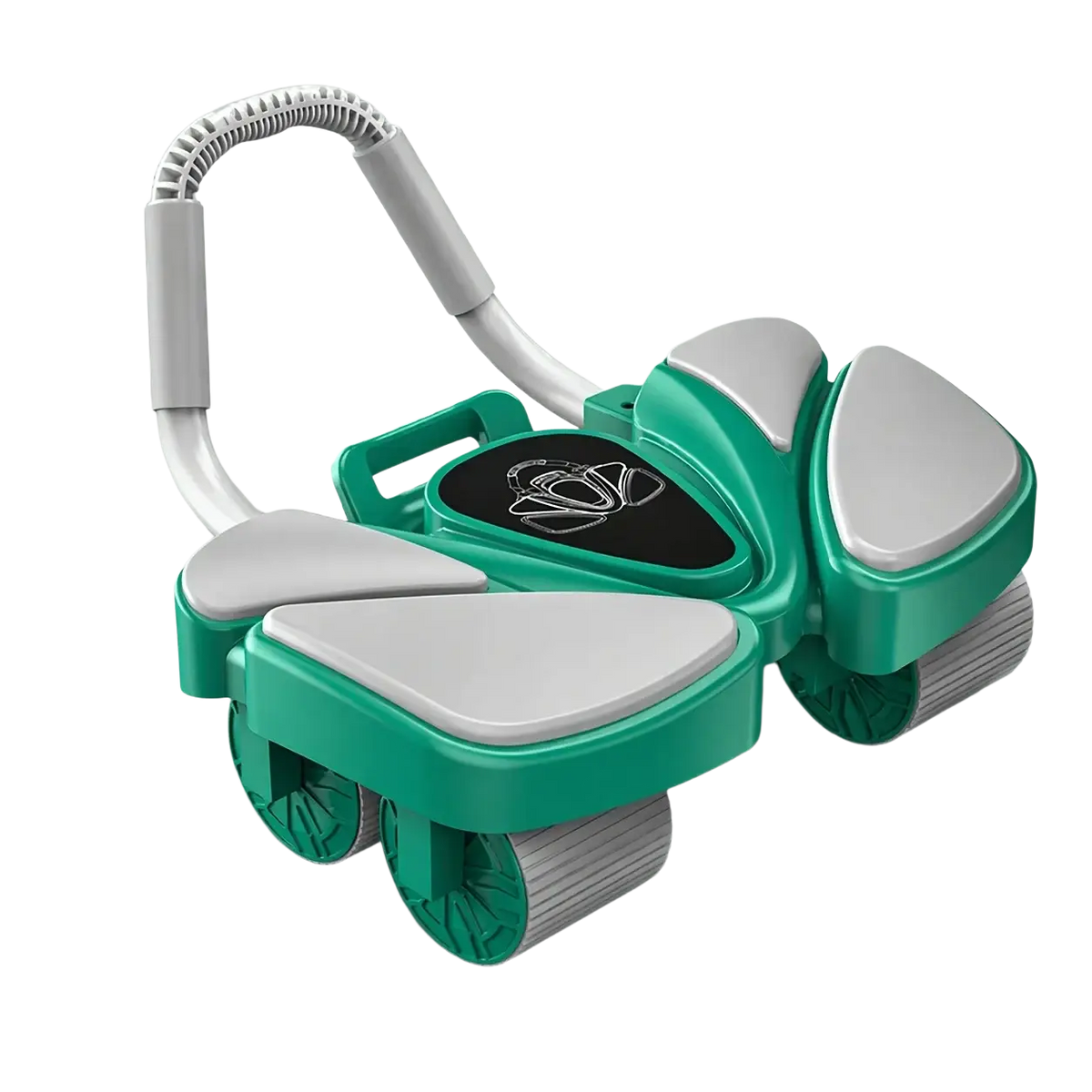 Teal and gray 6 wheel ab roller with ergonomic curved handle textured wheels elbow support and auto rebound function