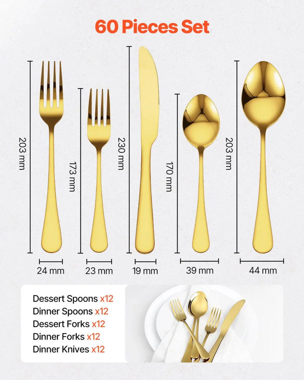 60 piece gold stainless steel flatware set for 12 featuring sleekly designed cutlery with a modern finish