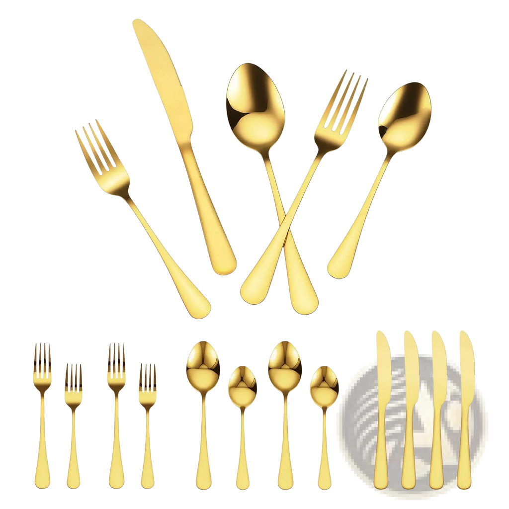 60 piece gold stainless steel flatware set with sleek modern design and polished finish for 12 people