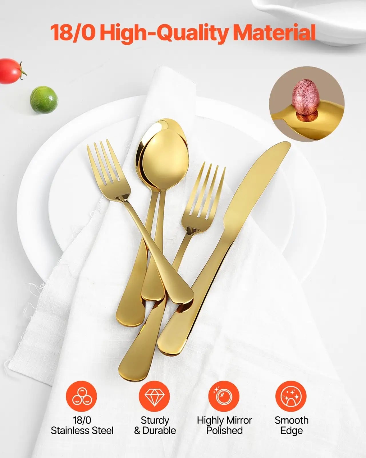 60 piece gold stainless steel flatware set for 12 with gold-finished 18/0 stainless steel and mirror-polished edges