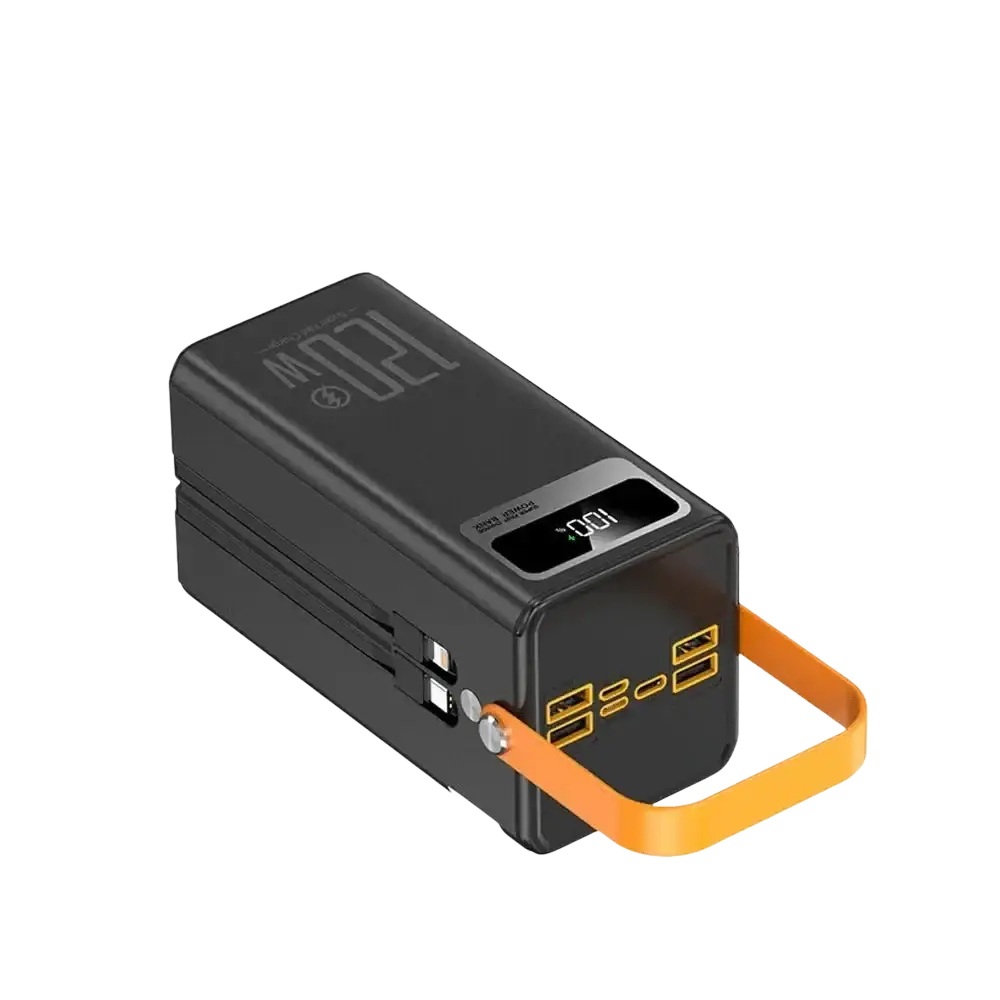Black 120w 60000mah portable power bank with led lantern orange strap digital display micro input 5v2a product size