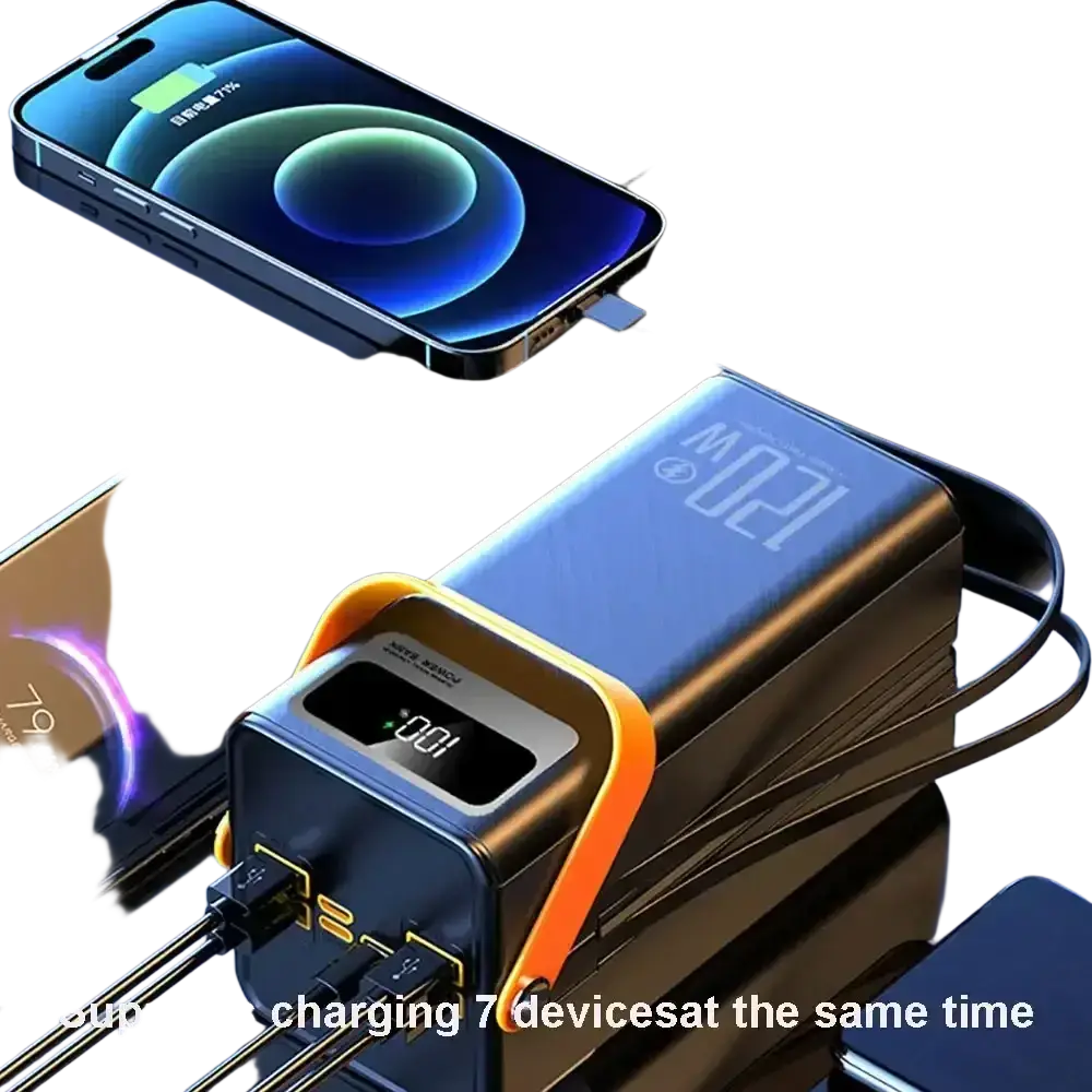 Black and orange 60000mah 120w portable power bank with led lantern and digital display showing 100 percent charge with micro input 5v2a