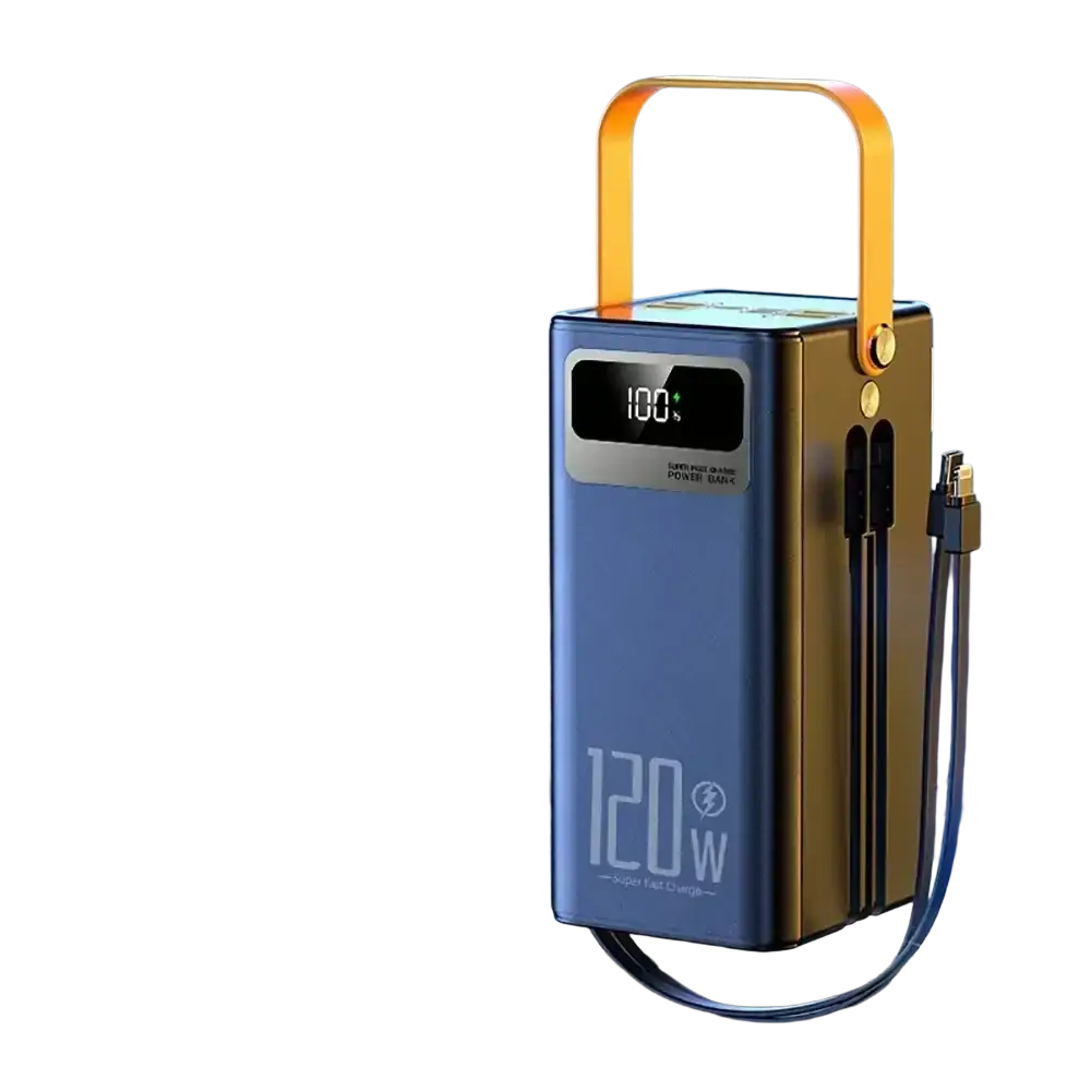 Blue and gold 60000mah 120w portable power bank with led lantern and digital display showing 100 percent charge with micro input 5v2a