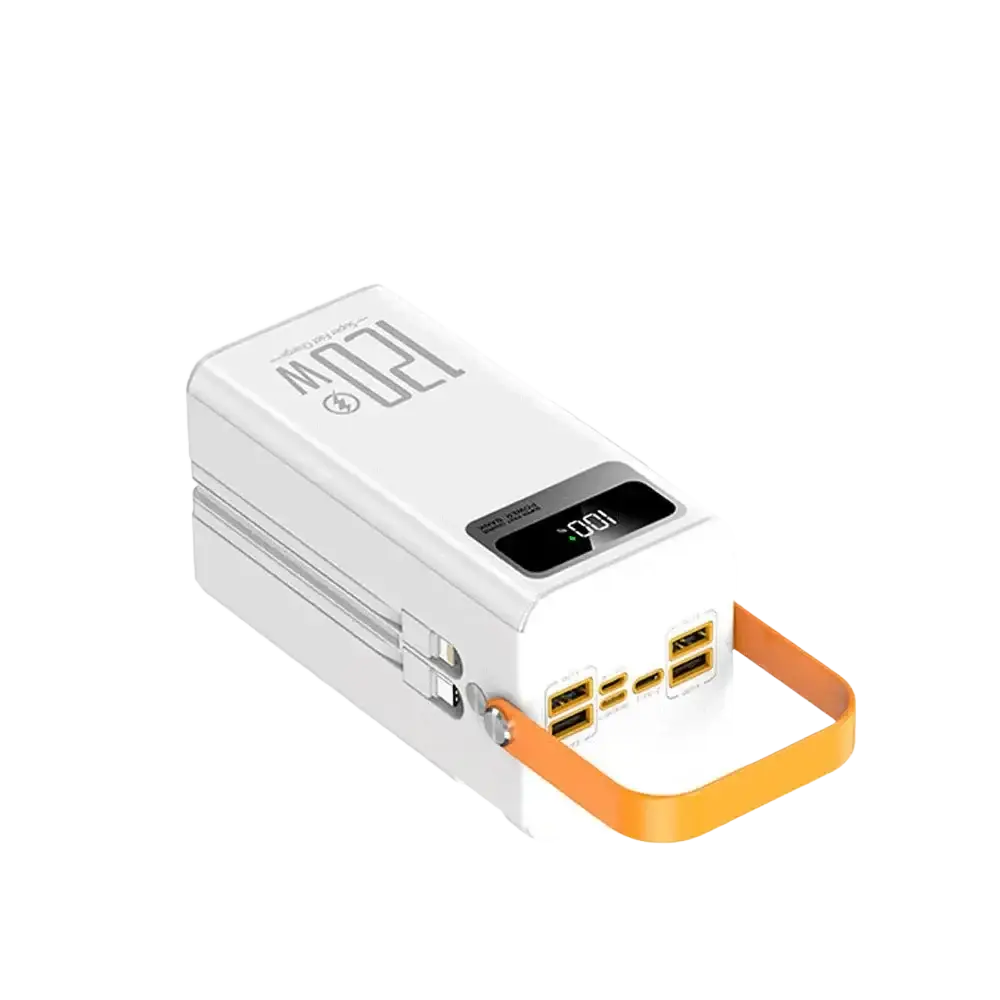 White 60000mah 120w portable power bank with led lantern featuring 30000mah capacity, digital display, and orange handle