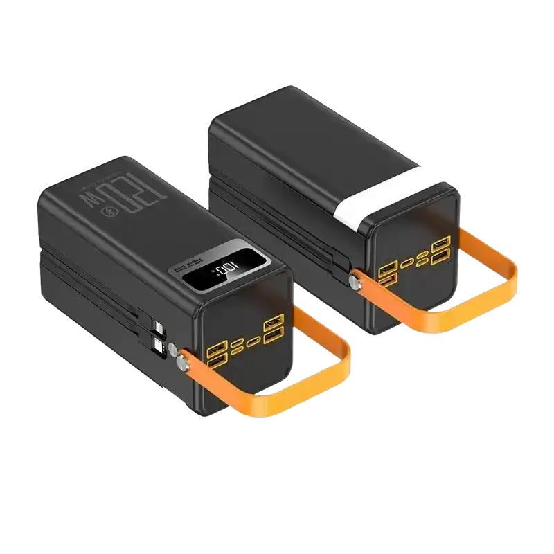 Black rectangular 60000mah portable power bank with orange handle and multiple usb ports micro input 5v2a fast charging station