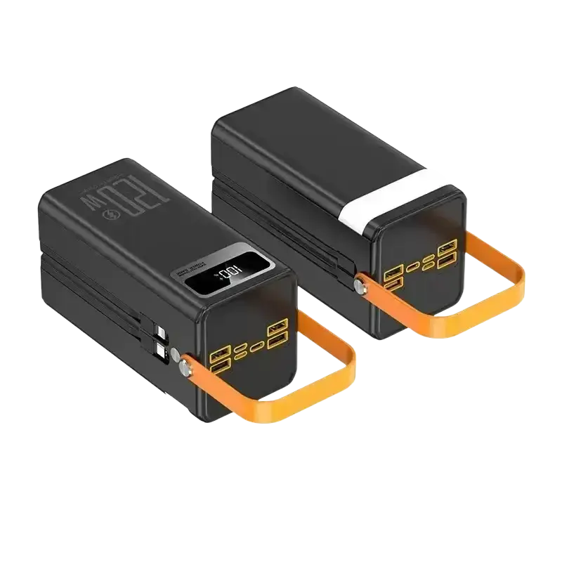 Black rectangular 60000mah portable power bank with orange handles yellow usb ports micro input 5v2a fast charging station