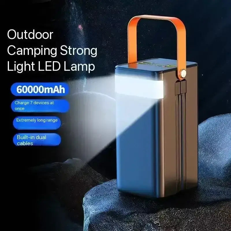 A sleek portable power bank with 60000mah, metallic bronze body, orange handle, micro input, and 5v2a fast charging station