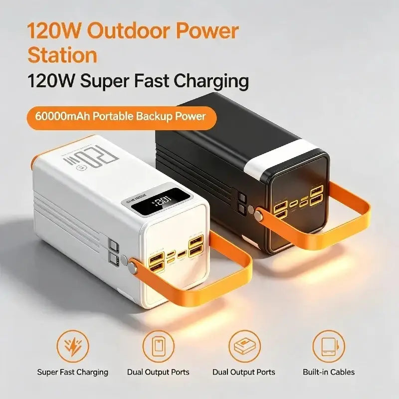 White and black 120w outdoor portable power stations with orange handles featuring 60000mah capacity and 5v2a micro input
