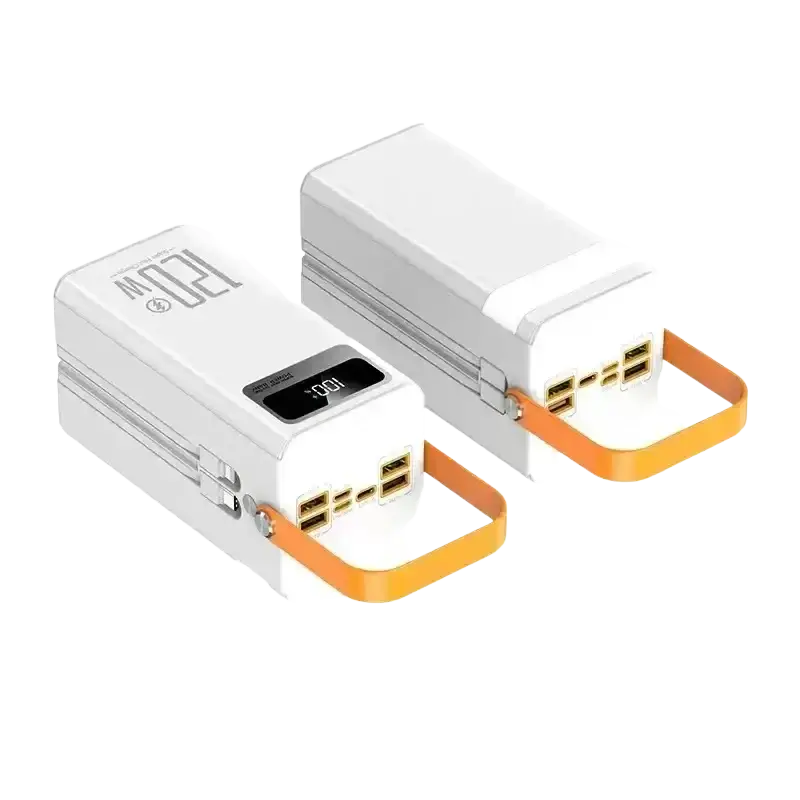 White rectangular 60000mah portable power bank with orange handle multiple usb ports and micro input 5v2a fast charging station