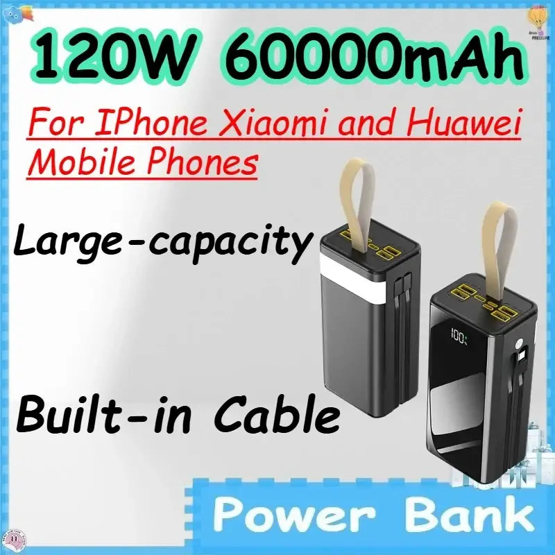 Black rectangular 60000mah power bank with beige carrying loop and digital display showing 100 percent charge