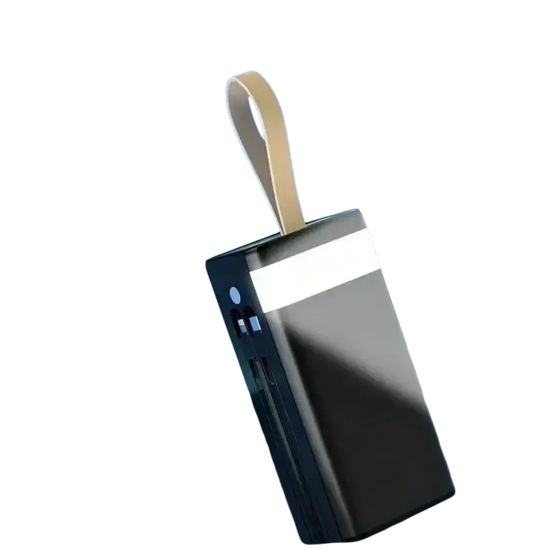 Black 60000mah power bank with beige leather strap and silver accents 120w portable charger for high capacity power