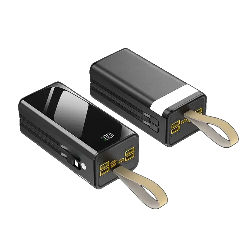Black 120w 60000mah power bank with glossy finish, gold usb ports, digital display, and beige fabric carrying strap