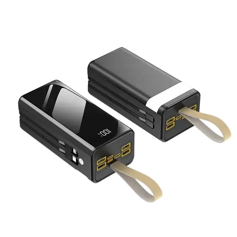 Black rectangular 60000mah power bank with glossy finish multiple usb ports and beige carrying strap for portable charging