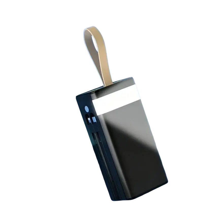 Black rectangular 60000mah power bank with beige carrying loop and white stripe for 120w portable charging