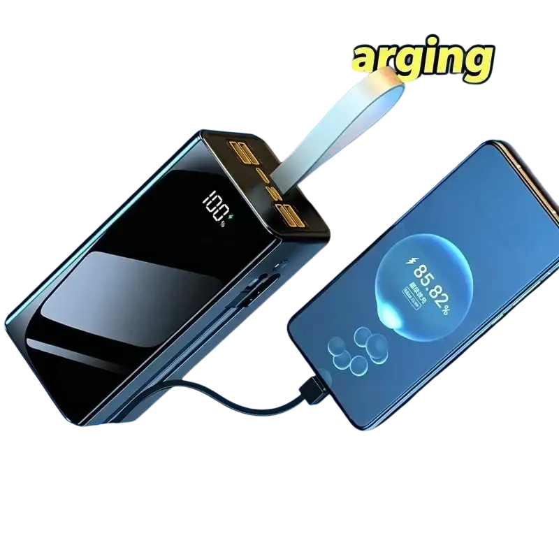 Black rectangular 60000mah power bank with digital display at 100 percent charge and integrated carrying strap