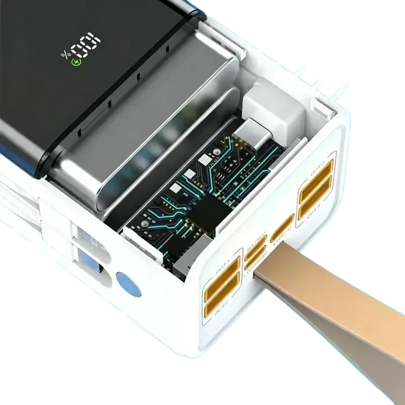 White 60000mah power bank with digital display showing 100 charge multiple usb ports and exposed internal circuit board
