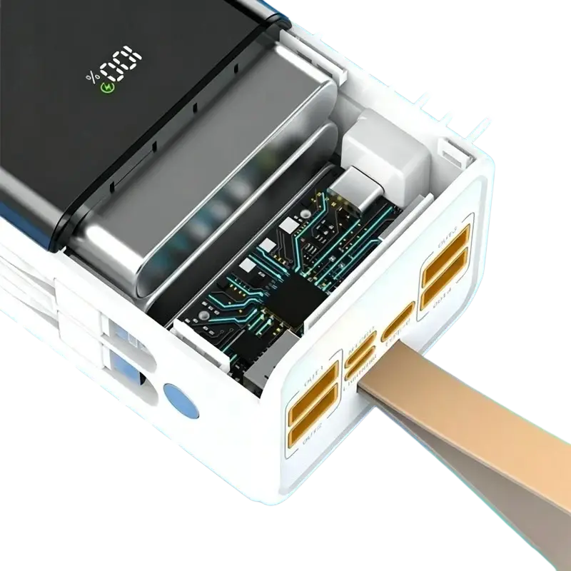 White 60000mah power bank with 120w power, black digital display at 100 percent, multiple usb ports, and exposed circuit board