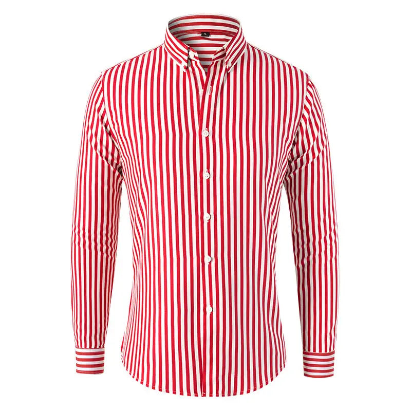 Herren gestreiftes Slim-Fit-Langarm-Freizeithemd in rot-weißen vertikalen Streifen mit klassischem Kragen und Knopfleisten-Design.