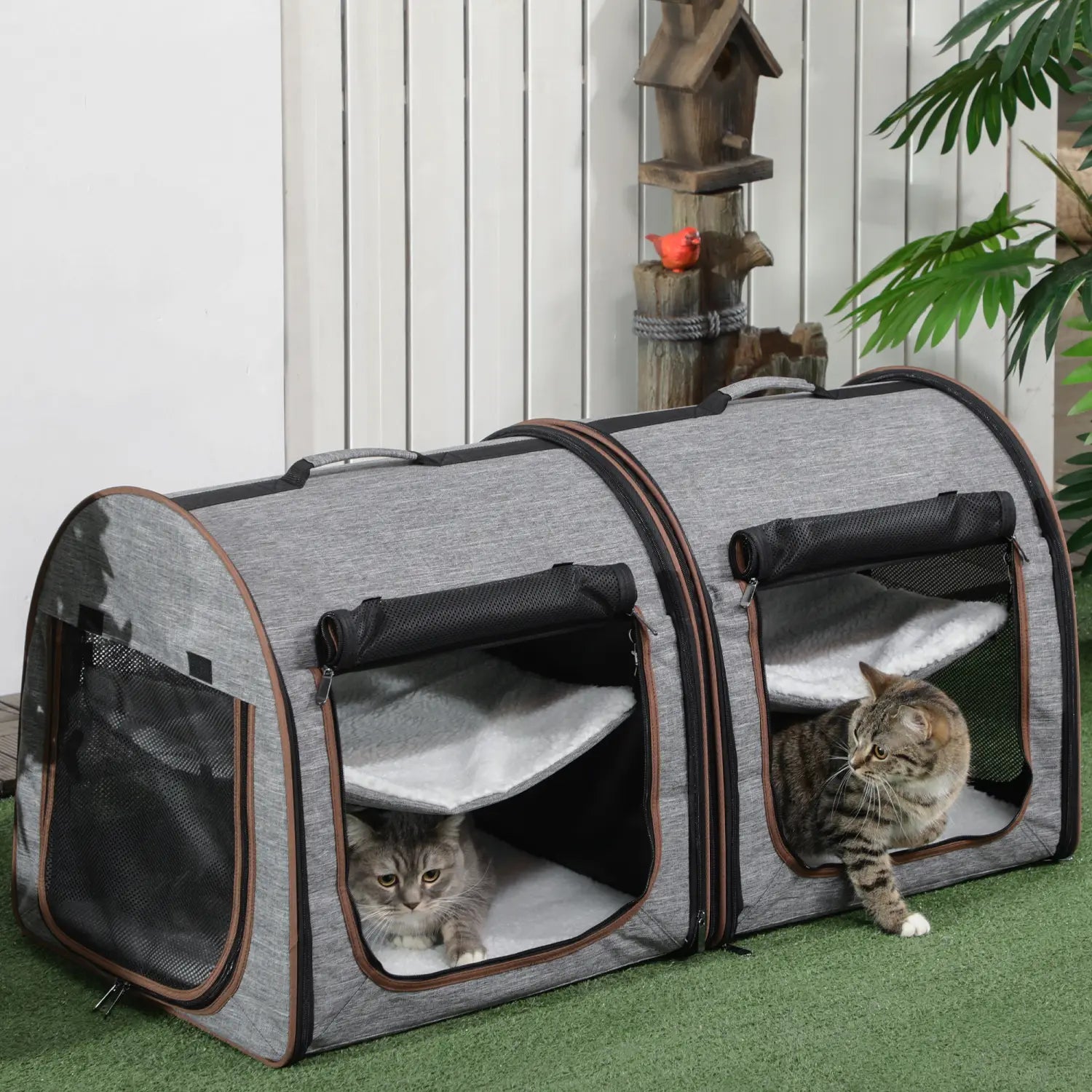 two compartment soft pet cat carrier grey featuring gray and black mesh construction with two separate compartments each lined with soft white interior material for comfortable pet transport