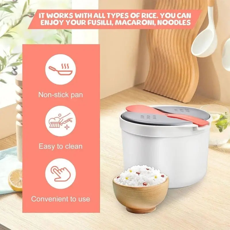White rice cooker with red and gray lid featuring a non-stick pan design for cooking various grains such as fusilli or macaroni in a microwave rice cooker 2l steamer with strainer spoon.