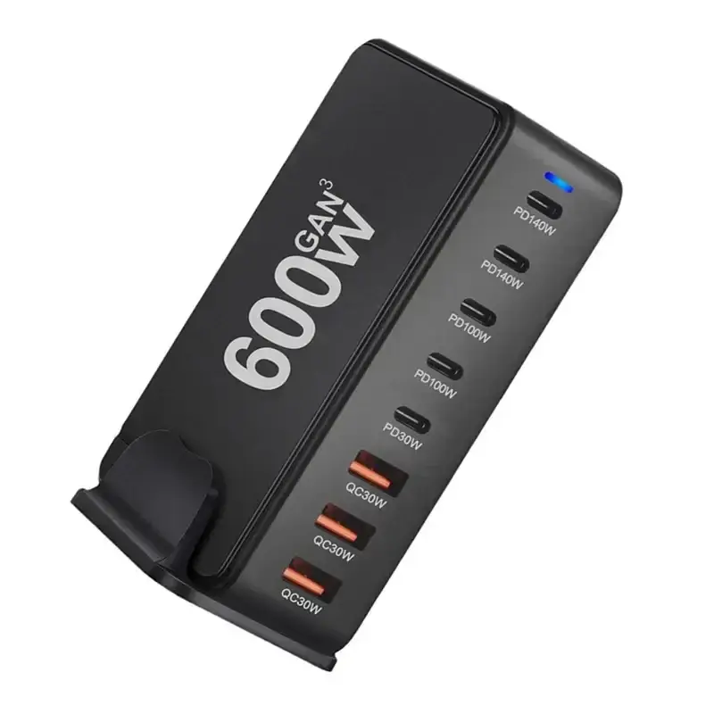 Black 600w gan³ fast charging desktop charger with 8 usb type-c ports and blue led indicator for efficient charging