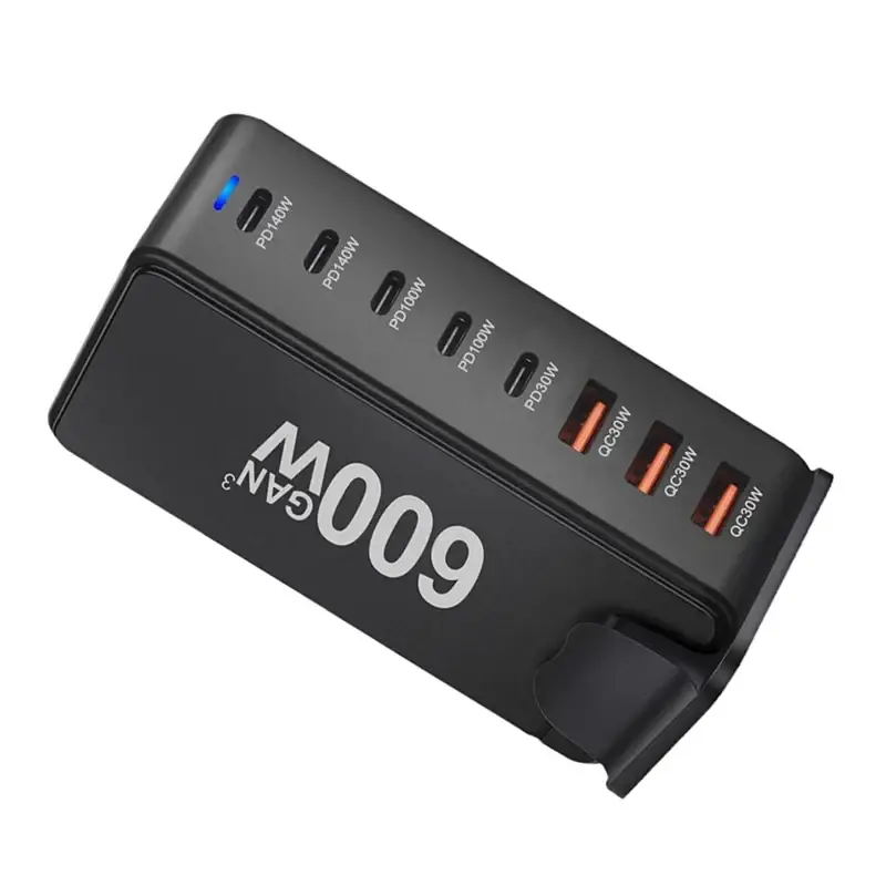 Black gan 6009 600w fast charging desktop usb pd charger dock with multi-port usb type c and usb a plug type outputs