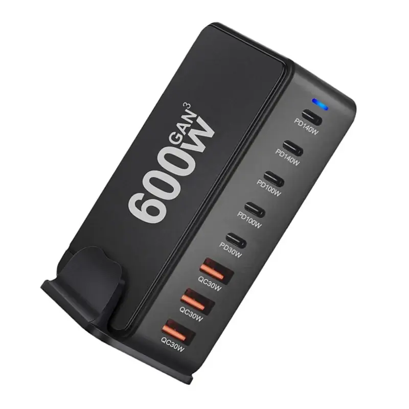 Black 600w fast charging gan3 desktop usb pd charger dock stand with multi-port usb-c plug type and safety protection features