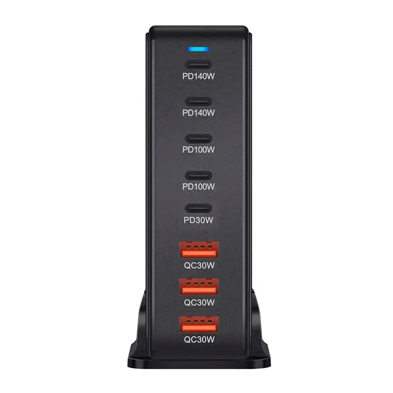 Black vertical 600w fast charging desktop usb pd charger dock stand with six usb ports and safety protection plug type