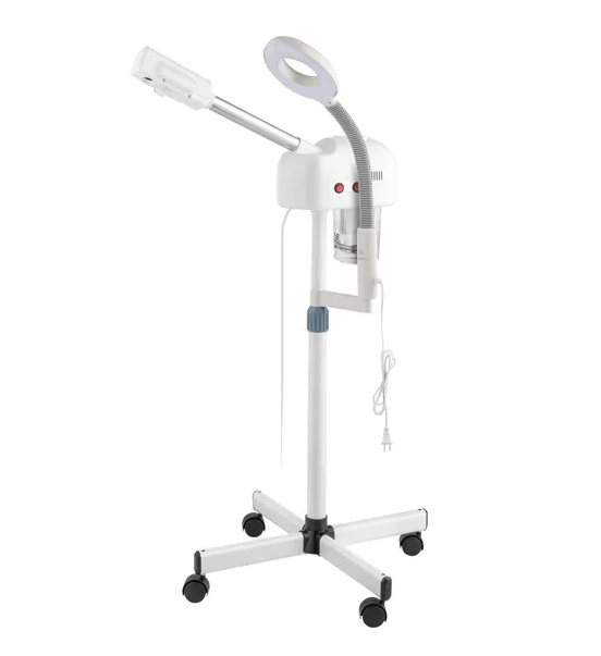 Vaporisateur facial professionnel blanc réglable avec lampe de grossissement 3×, doté d’un bras col-de-cygne flexible, d’une tête de lampe de grossissement circulaire et de deux dispositifs d’éclairage.