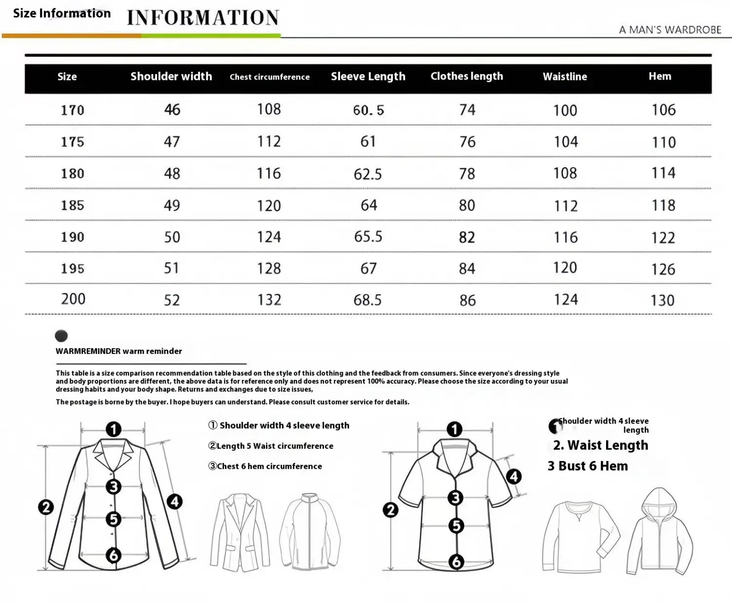 men woolen coat zipper trench jacket size chart for a casual button-up shirt displaying measurements in centimeters across sizes 170 to 200.