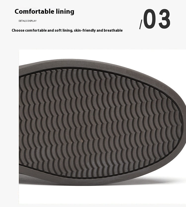 Semelle en caoutchouc texturé gris foncé avec motif ondulé sur la face arrière des baskets en cuir pour hommes, sans lacets, décontractées à semelle épaisse.