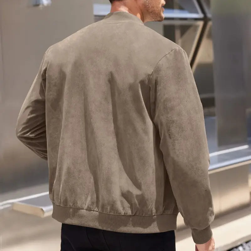 A taupe suede men casual retro bomber jacket featuring a classic collar and ribbed cuffs.