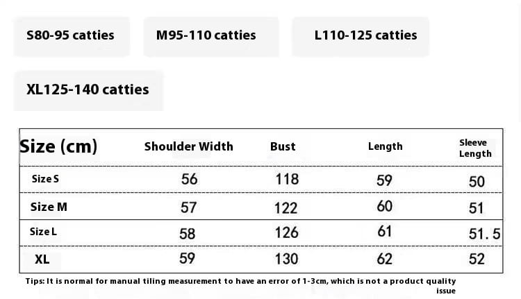 Size chart for the corduroy puffer jacket plus size women winter coat displaying measurements in centimeters across sizes S through XL.