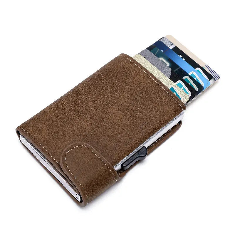 Brown leather Crazy Horse leather metal card case wallet with metallic silver interior and black plastic clasp designed for secure card storage.
