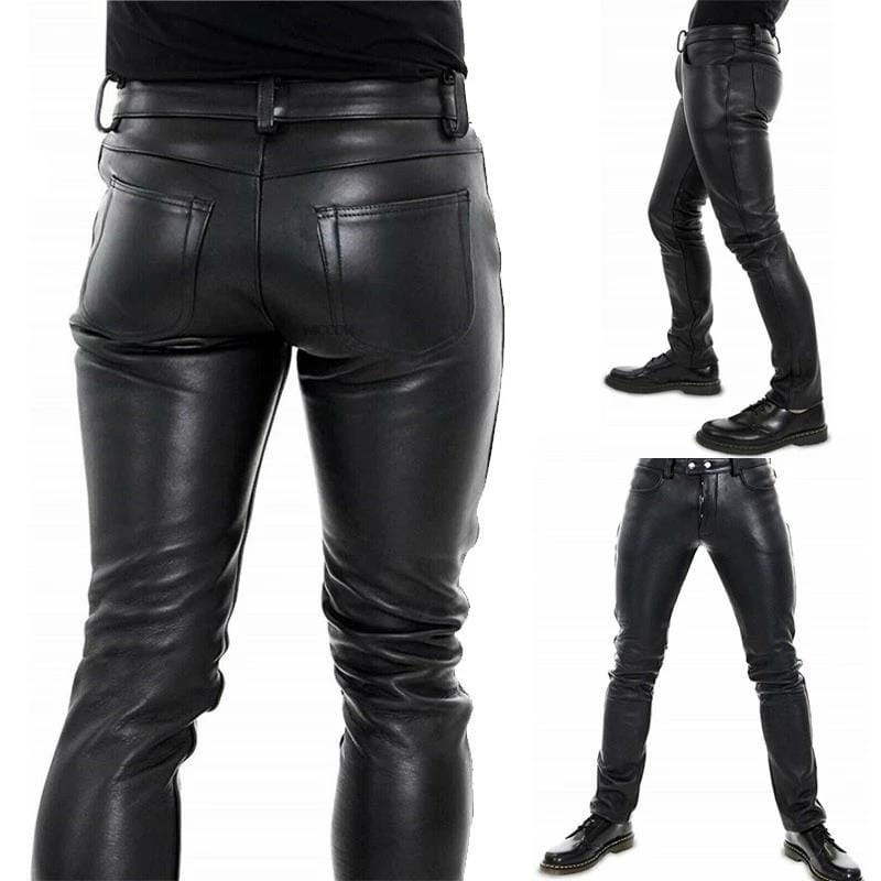 Men black faux leather pants with slim fit and classic five-pocket design shown from the back side.