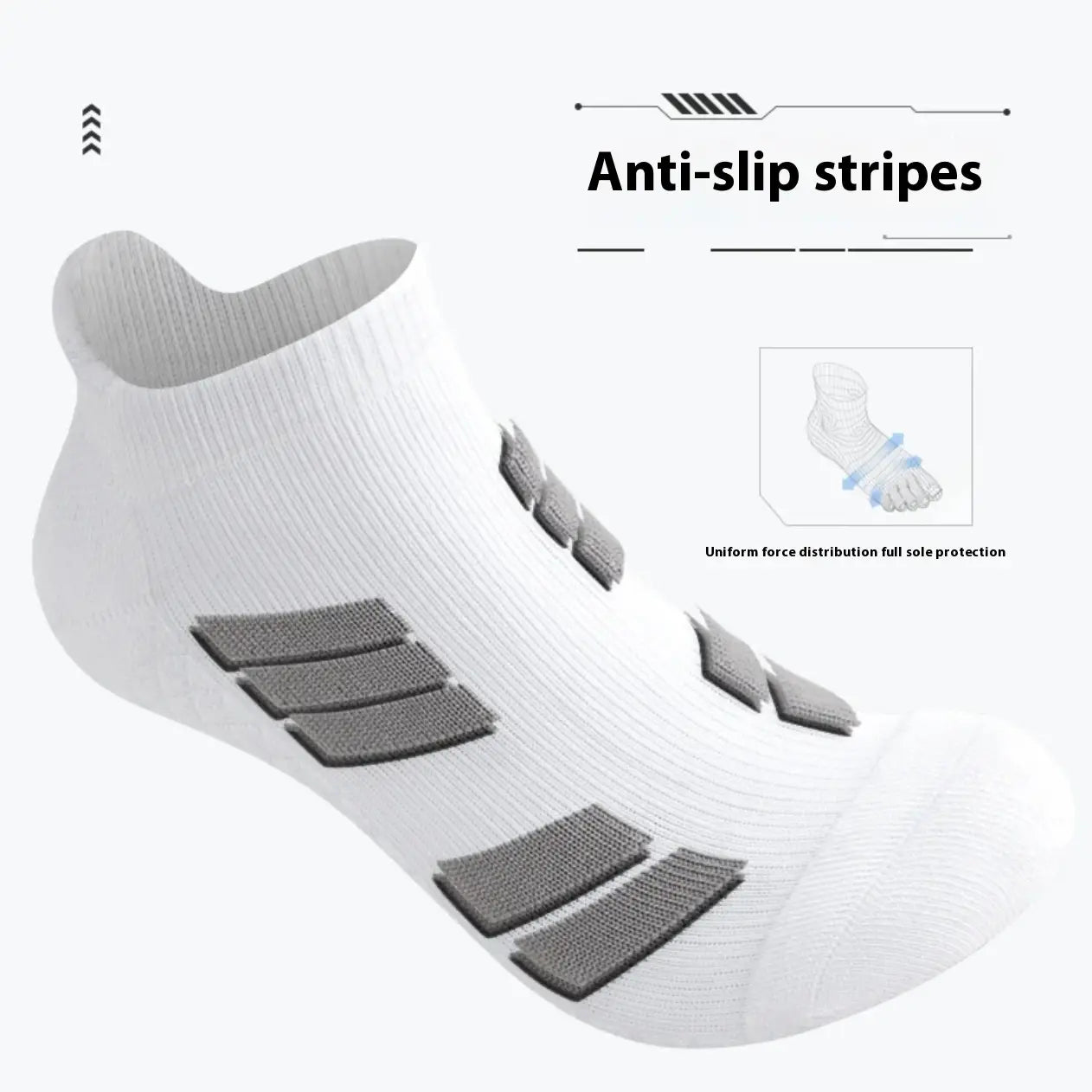 Chaussette de sport athlétique pour homme blanche, avec bandes antidérapantes grises, comprenant un lit de pied rembourré et un matériau absorbant la transpiration pour améliorer l’adhérence et protéger la semelle.