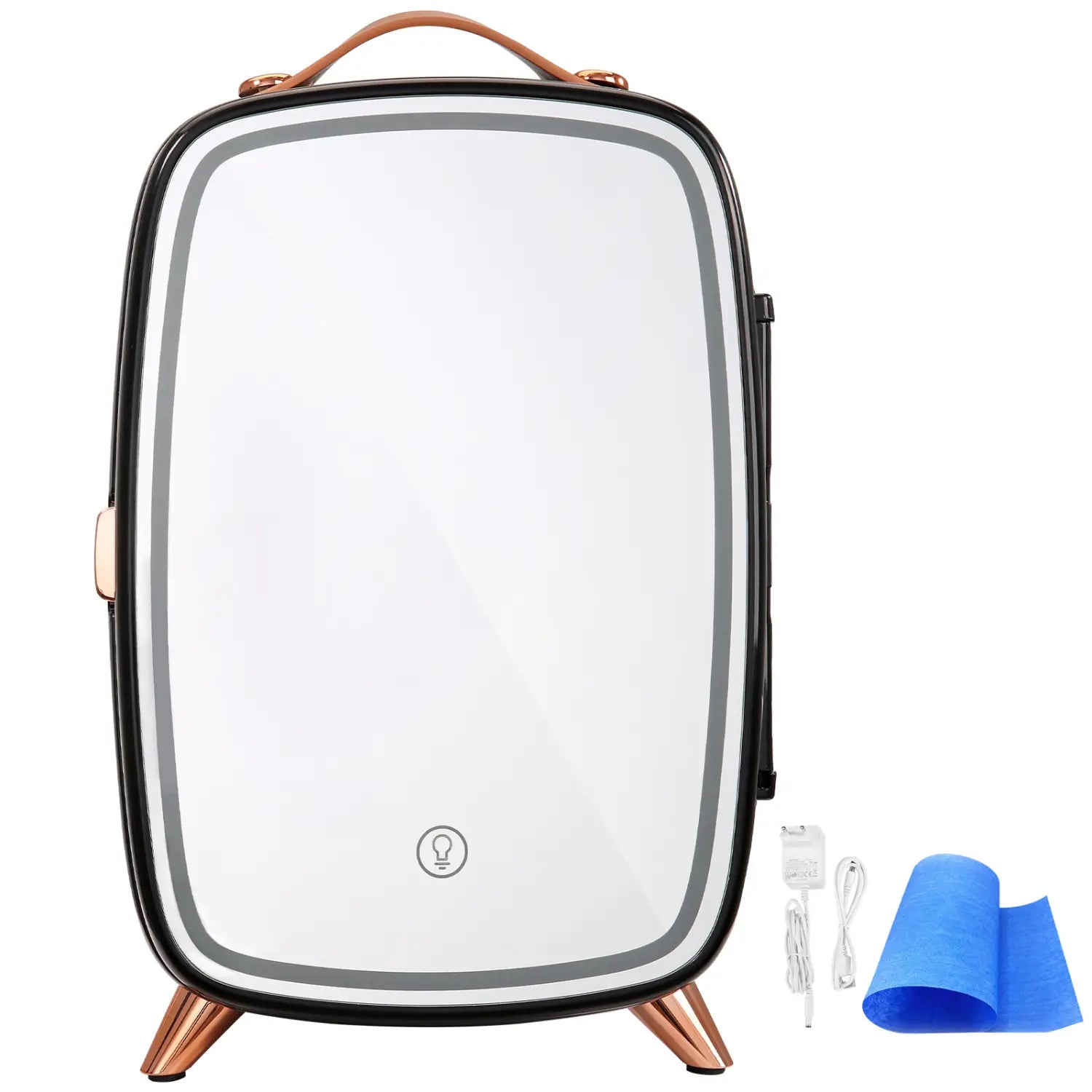 Miroir à LED encadré noir et or rose, avec un design rectangulaire élégant, présenté sur le réfrigérateur Vevor 6 l pour soins de la peau avec miroir à LED et accents or rose.