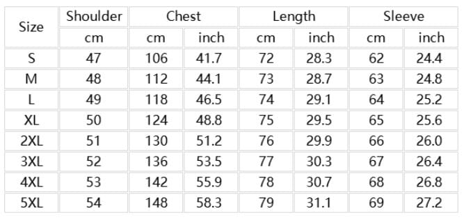 The table displays a size chart for the men’s relaxed fit corduroy shirt jacket with measurements in centimeters and inches for shoulder chest length and sleeve dimensions from size S to 5XL.