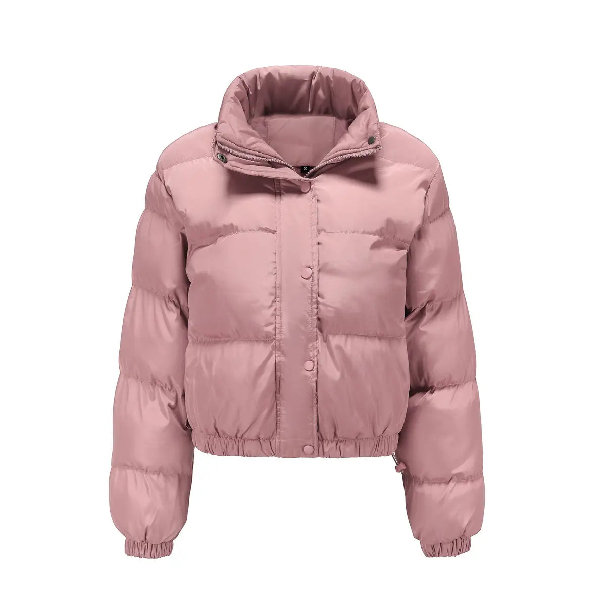 Veste doudoune matelassée en coton pour femmes rose tendre, avec col haut, fermetures à boutons et poignets élastiques, conçue pour un vêtement extérieur ample et décontracté.