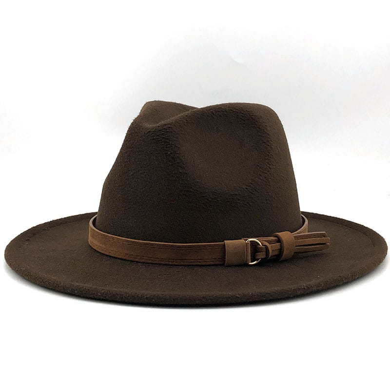 Brown wool fedora hat featuring a matching leather band and buckle.